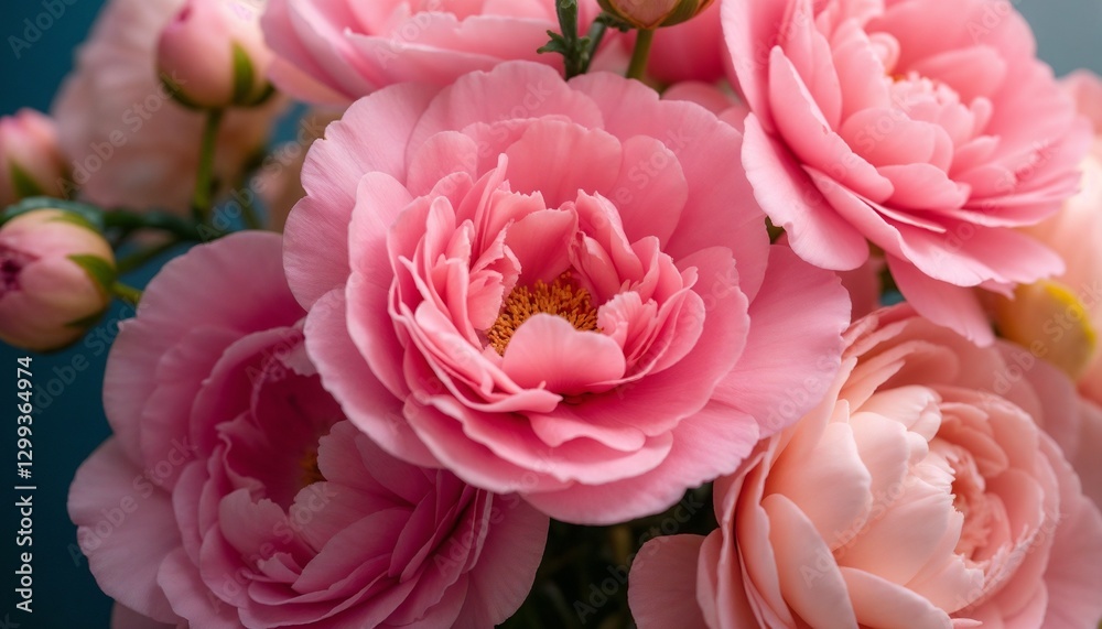 Obraz premium Close-up of fragrant pink peonies in a vibrant bouquet against a blue backdrop