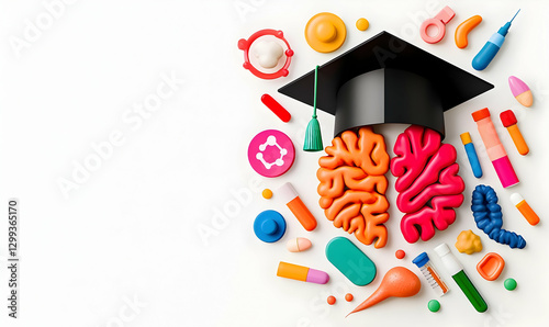 Colorful Brain with Graduation Cap Surrounded by Educational Tools