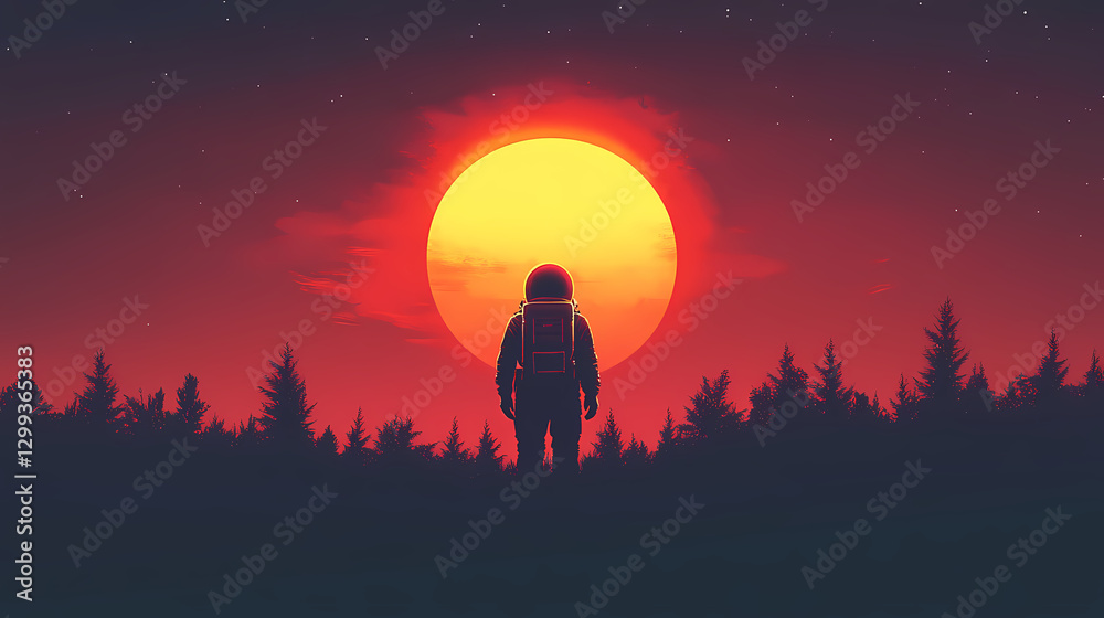 Fototapeta premium Astronaut silhouetted against a vibrant sunset. a cosmic scene of solitude and exploration. Solitude - Forest. Illustration