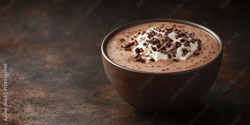 Creamy chocolate dessert topped with whipped cream and chocolate shavings served in a rustic bowl Creamy chocolate dessert topped with whipped cream and chocolate shavings served in a rustic bowl