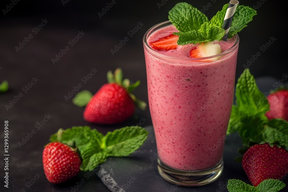 Refreshing Strawberry Smoothie with Mint and a Striped Straw on a Dark Background Refreshing Strawberry Smoothie with Mint and a Striped Straw on a Dark Background