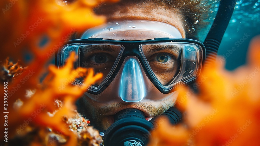 Scuba diver swims in ocean, surrounded by orange coral, for travel or sport use Scuba diver swims in ocean, surrounded by orange coral, for travel or sport use