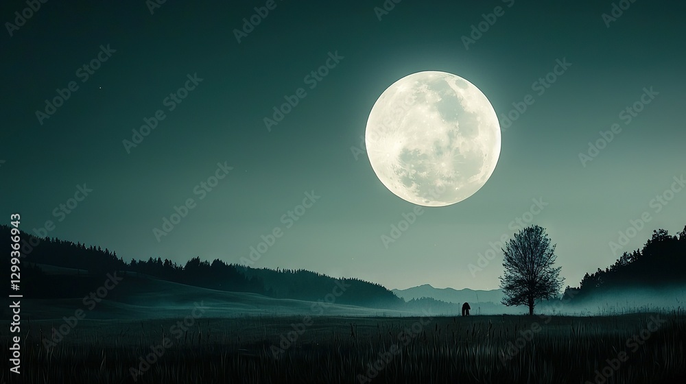 A solitary figure in a moonlit field, surrounded by tall trees in the foreground A solitary figure in a moonlit field, surrounded by tall trees in the foreground