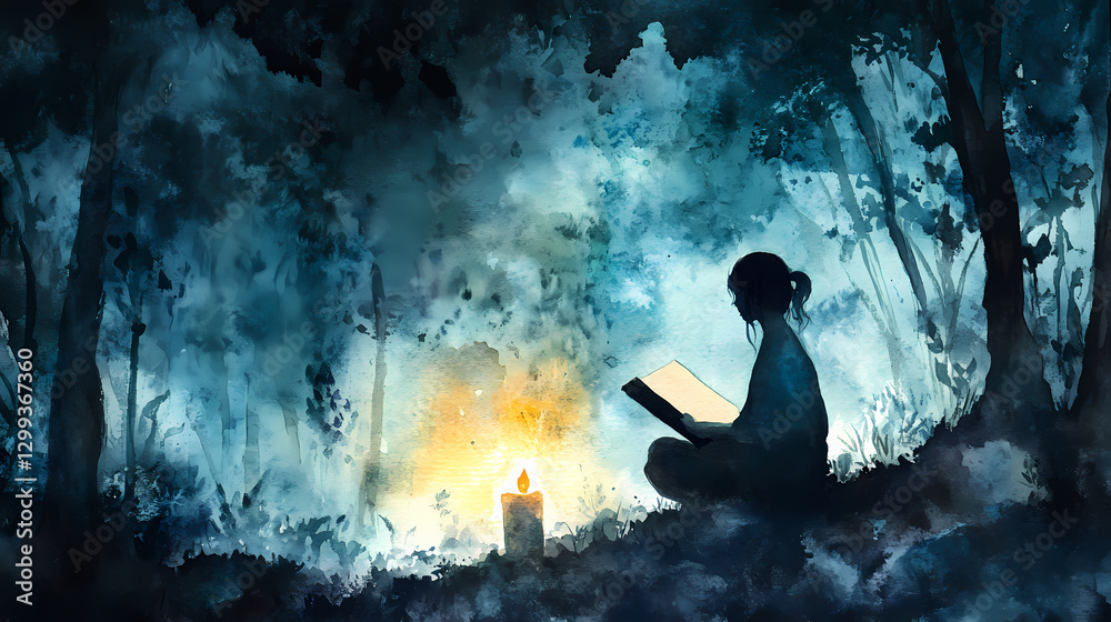Tranquil watercolor scene of person journaling by candlelight, signifying self-reflection and emotional healing with copy space for text. Solitude - Forest. Illustration Tranquil watercolor scene of person journaling by candlelight, signifying self-reflection and emotional healing with copy space for text. Solitude - Forest. Illustration
