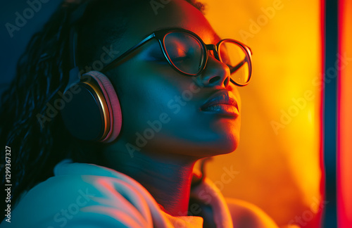 Jolie femme à la mode avec des écouteurs écoutant de la musique sur fond de néon bleu et jaune au studio. photo