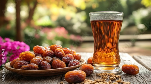 Dates and tea outdoors, garden background photo