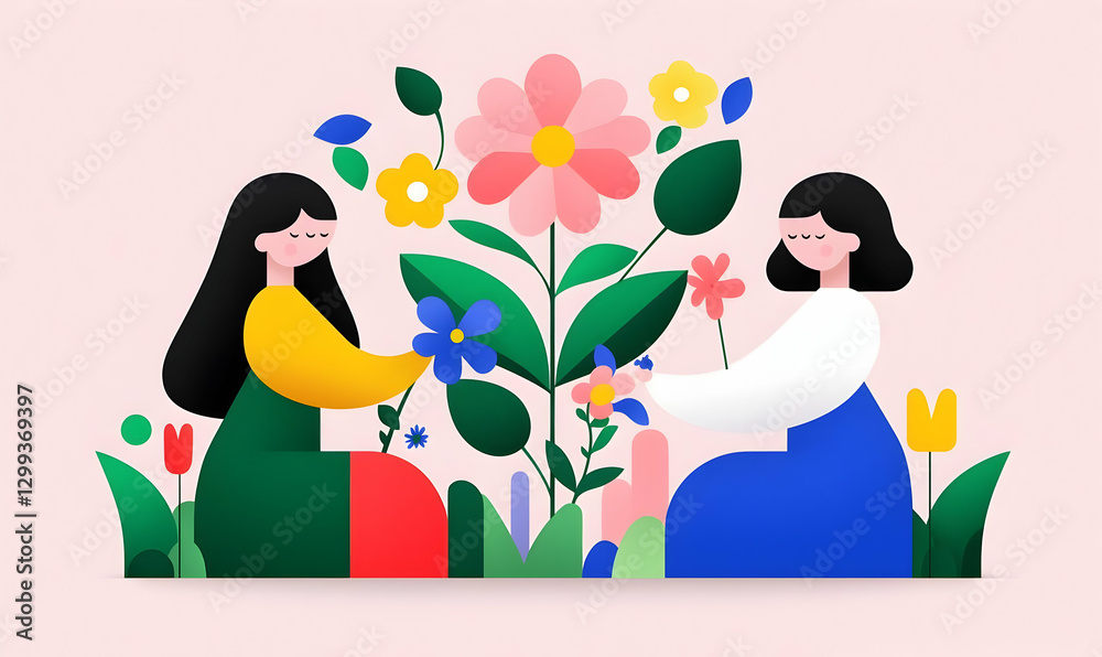 Naklejka premium Two Women Gardening Together With Colorful Flowers and Plants