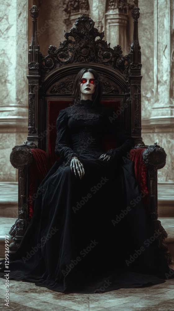 Gothic female in black gown with red lips sitting on ornate throne in ancient hall Gothic female in black gown with red lips sitting on ornate throne in ancient hall