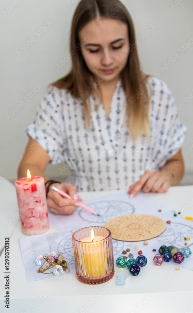 Woman astrologer draws a natal chart. Selective focus Woman astrologer draws a natal chart. Selective focus