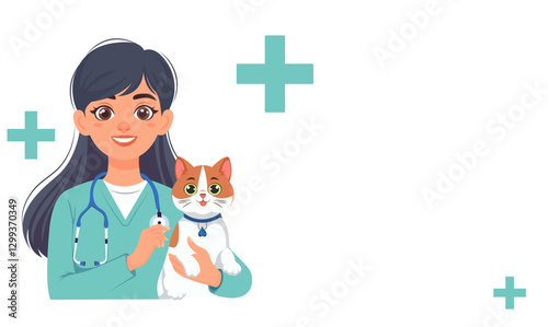Veterinary clinic worker, veterinarian with stethoscope and cat. World Veterinary Day. Isolated vector illustration in flat style for flyer, banner, landing page, blog of veterinary clinic, hospital