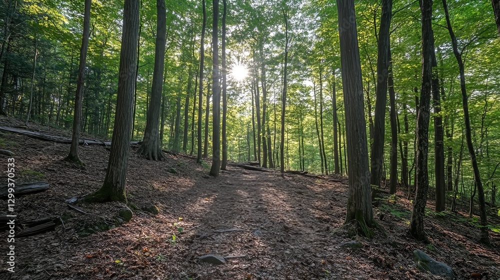 Winding forest trail serene woodland nature photography sunlight filtered through trees calm environment Winding forest trail serene woodland nature photography sunlight filtered through trees calm environment