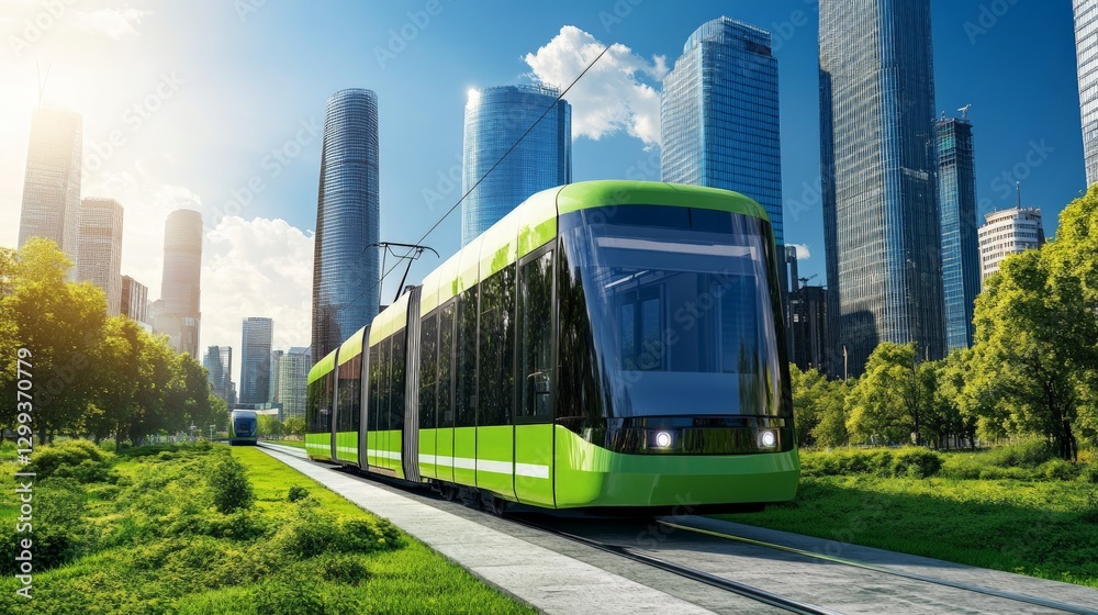 Naklejka premium Modern Green Tram in Urban Cityscape with Skyscrapers and Sunlight