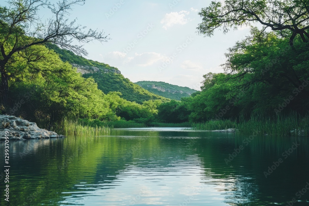 Serene Lake Landscape with Lush Greenery and Reflective Water in a Tranquil Environment Serene Lake Landscape with Lush Greenery and Reflective Water in a Tranquil Environment