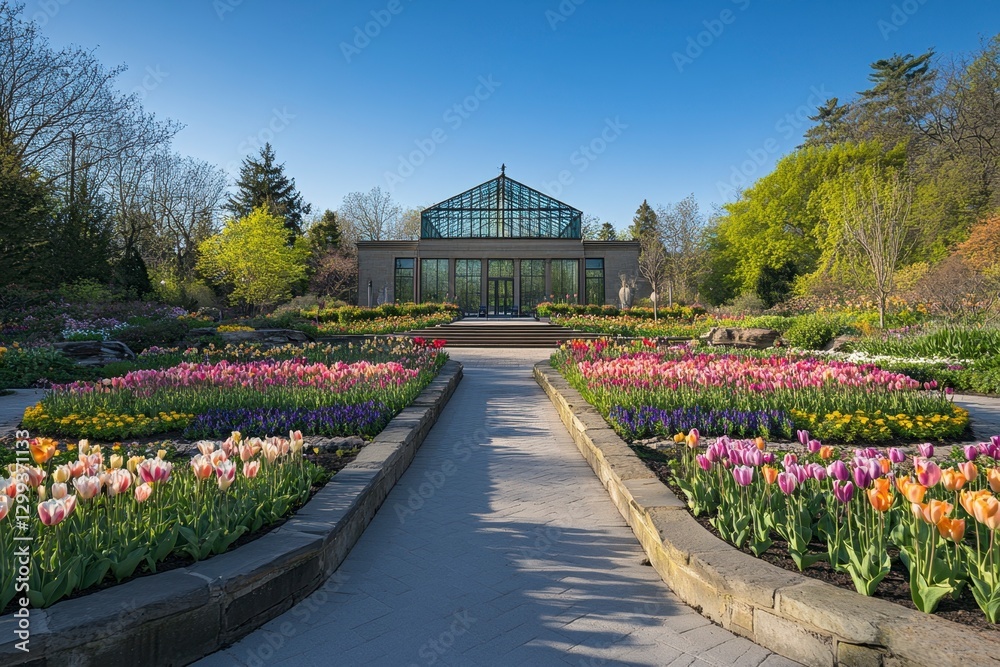 Obraz premium Pathway through a vibrant tulip garden leading to a glass conservatory on a sunny day
