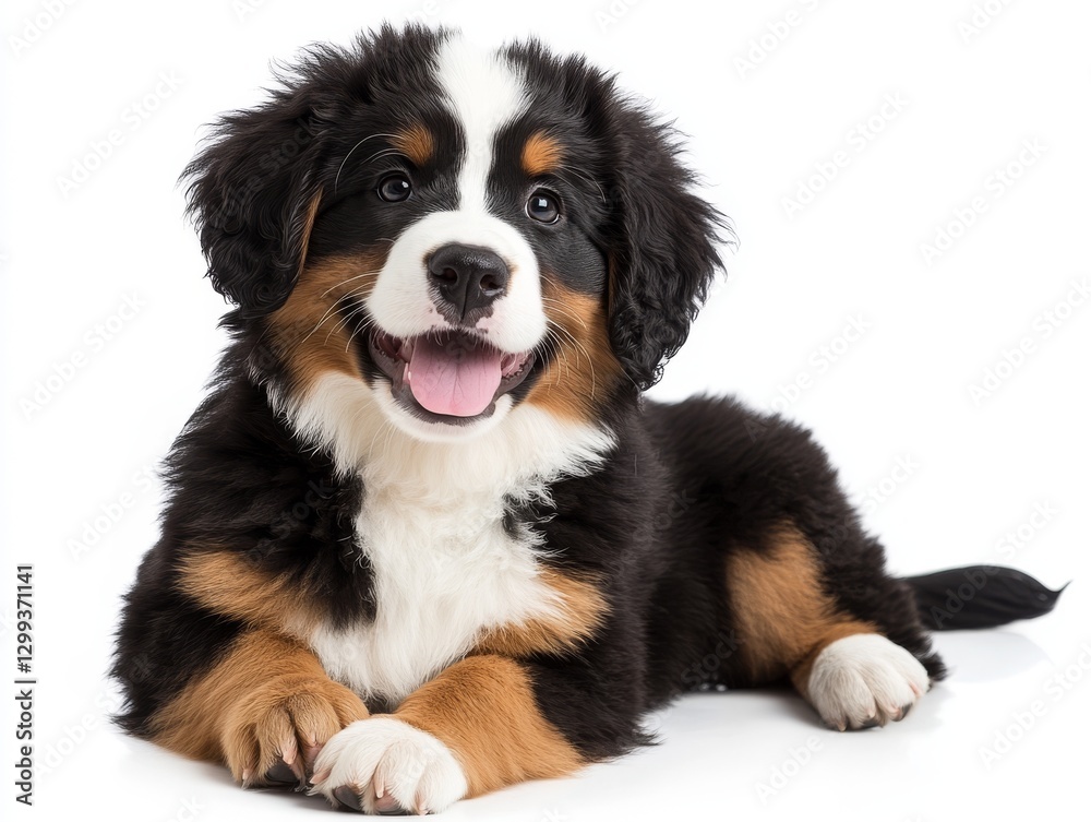 A cute Bernese Mountain Dog puppy is lying on a white backdrop A cute Bernese Mountain Dog puppy is lying on a white backdrop