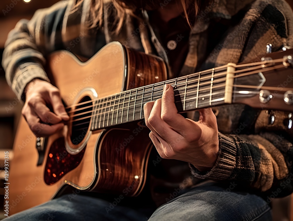 Obraz premium Close up of Musician Playing Acoustic Guitar with Passion and Precision