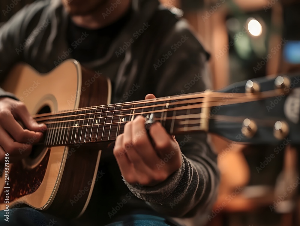 Fototapeta premium Man Passionately Playing Acoustic Guitar in Dimly Lit Performance