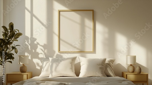 Empty frame over bed in sunlit bedroom, modern interior design, mockup for display