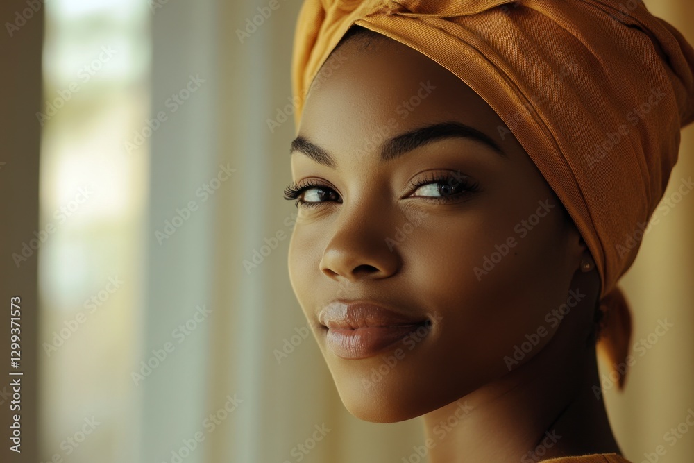 Fototapeta Radiant Beauty: Close-Up of a Woman with a Head Wrap and Glowing Skin