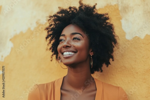 Radiant Young Black Woman with Natural Hair Smiles Against a Textured Yellow Background