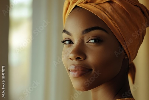Radiant Beauty: Close-Up of a Woman with a Head Wrap and Glowing Skin
