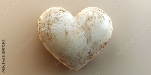Heart sculpture with rustic texture resting on a smooth surface in soft lighting
