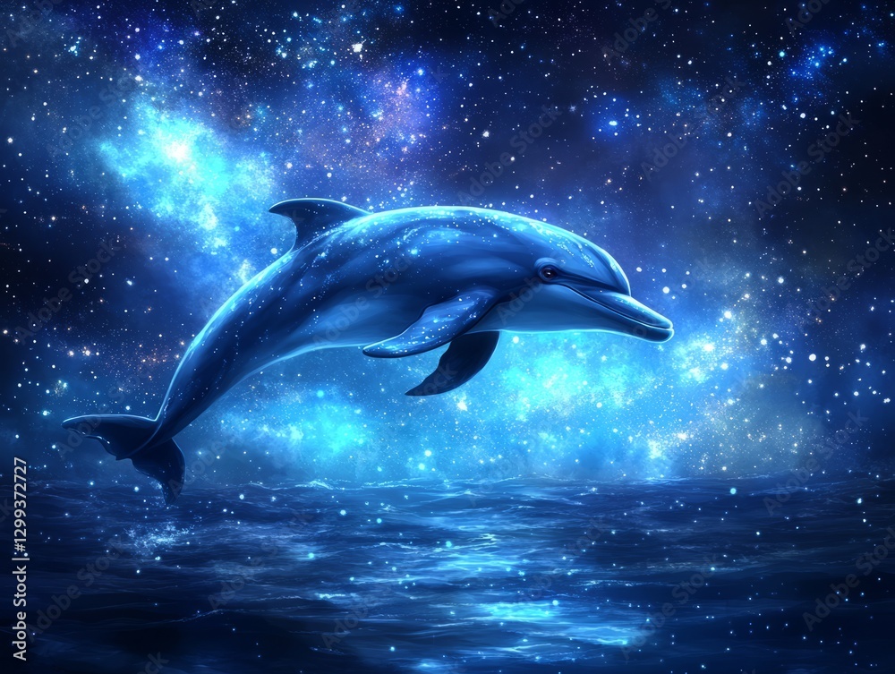 Naklejka premium A cetacean breaching the night sky and water with shimmering cosmic backdrop