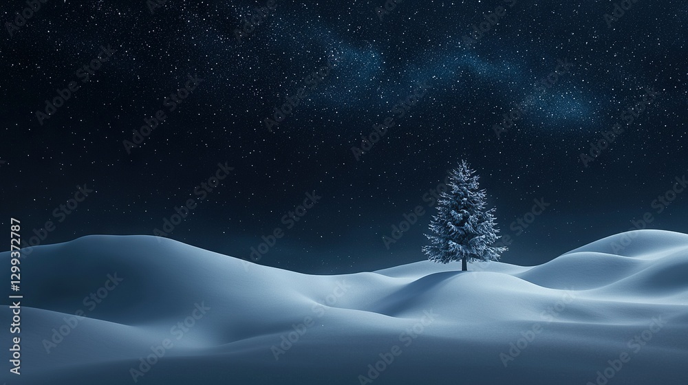 Naklejka premium A picturesque winter scene featuring a single tree standing out against a star-filled night sky backdrop