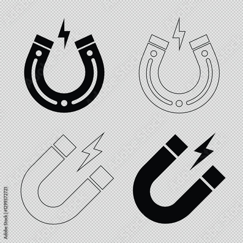 silhouette and line vector set of a magnet with magnetic field icon design illustration