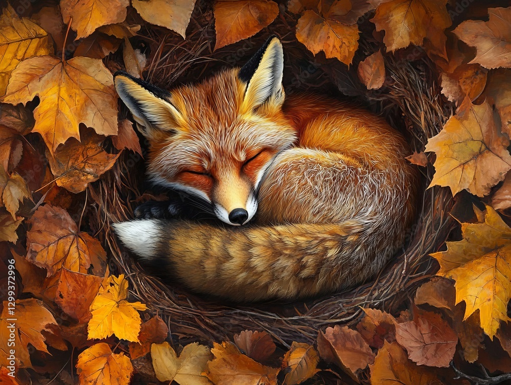 Fototapeta premium Sleeping Fox in Autumn Leaves, snug and serene, dreams under a canopy