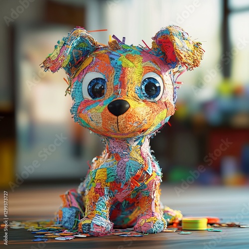 Rainbow Patchwork Puppy: A whimsical, colorful patchwork puppy with big, expressive eyes sits on a wooden floor, radiating joy and playful charm.