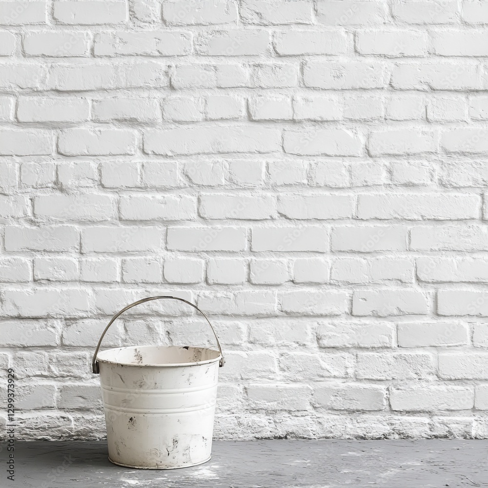 White Distressed Metal Bucket Against White Brick Wall Background Rustic Vintage Home Decor Still Life Photography Image old art room chic grey style White Distressed Metal Bucket Against White Brick Wall Background Rustic Vintage Home Decor Still Life Photography Image old art room chic grey style