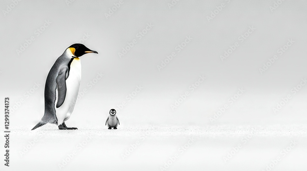 Fototapeta premium A pair of penguins stand together on a snowy field with a small penguin in the foreground