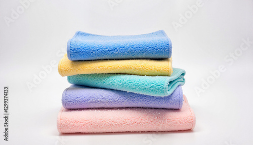 Colorful stack of neatly folded towels on white surface, symbolizing cleanliness