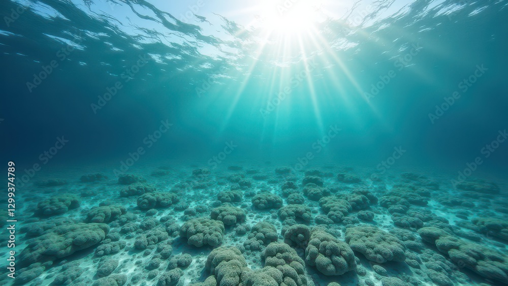 Fototapeta premium Sunlit underwater coral reef showing signs of bleaching and environmental damage