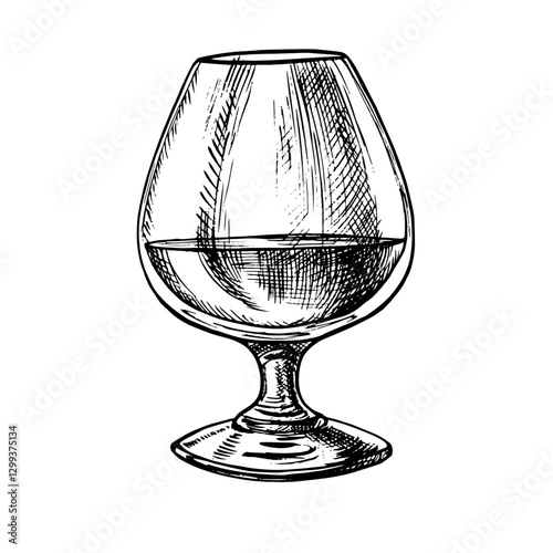 A glass of cognac. A hand-drawn vector graphic illustration. Black and white image of an alcoholic beverage. Separate from the background. Perfect for menus, banners, flyer, package, label, invitation