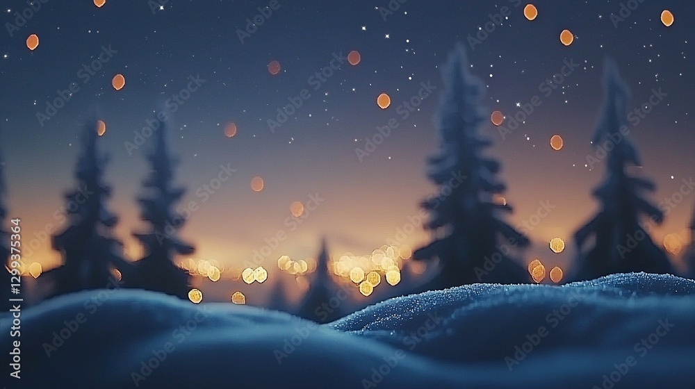 Fototapeta premium A night scene featuring numerous lights in the sky, blankets of snow covering the landscape, and trees positioned in the foreground