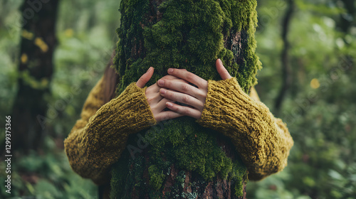 A person hugging an old, moss-covered tree trunk with their hands
