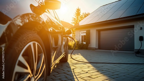 Close-up of EV charging from a wall box AC charger on a garage with solar panels on the roof, bright sunny day, Germany