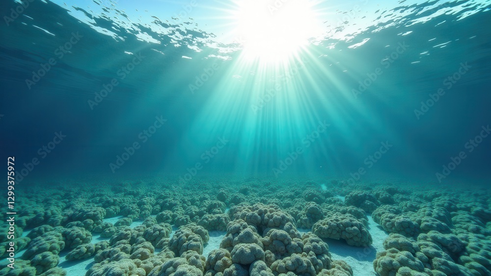 Fototapeta premium Sunlit underwater coral reef showing signs of bleaching and environmental damage 