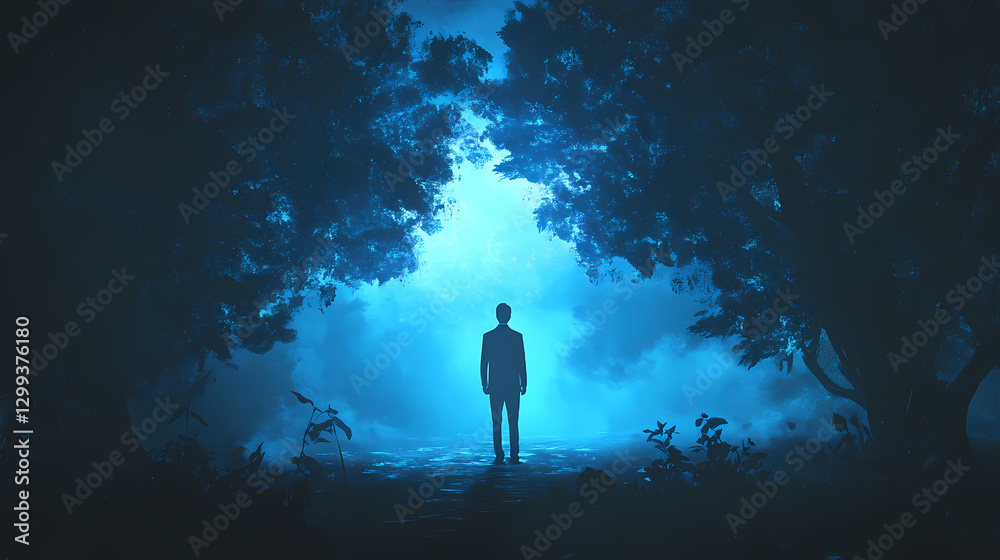 A businessman standing in contemplation against a glowing blue light, symbolizing vision and innovation in a dark environment. Solitude - Forest. Illustration A businessman standing in contemplation against a glowing blue light, symbolizing vision and innovation in a dark environment. Solitude - Forest. Illustration