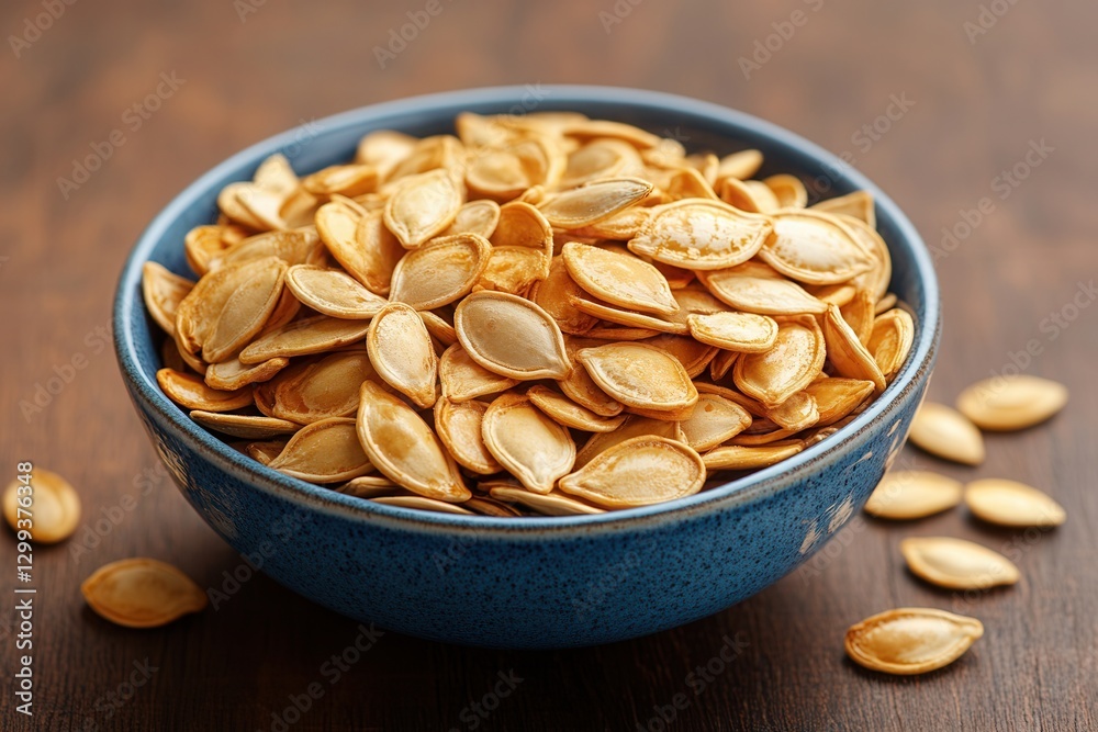 Pumpkin seeds in a blue bowl resting on wooden background for a healthy snack option