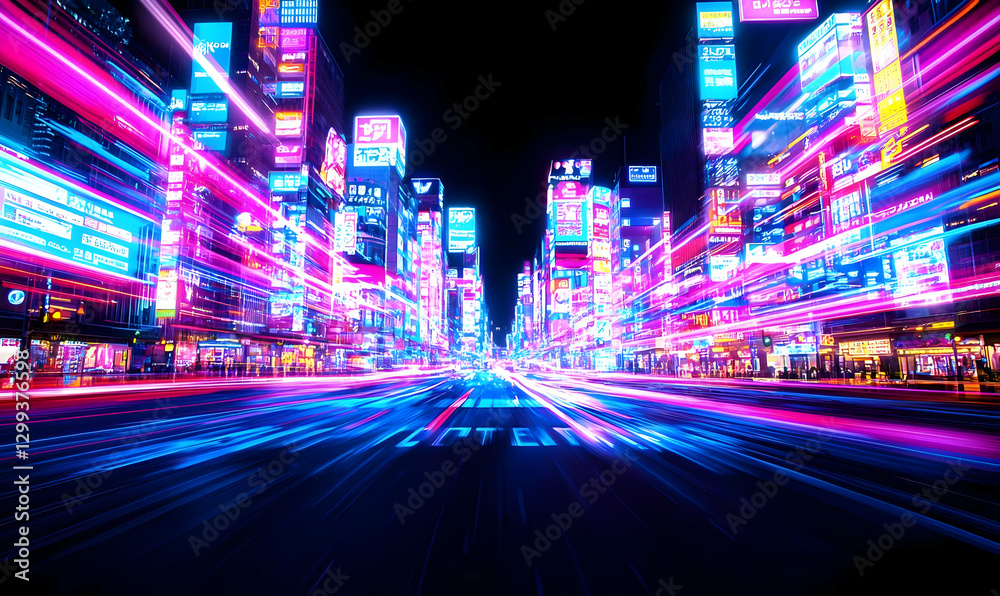 Fototapeta premium Neon Cityscape at Night with Vibrant Lights and Motion Blur