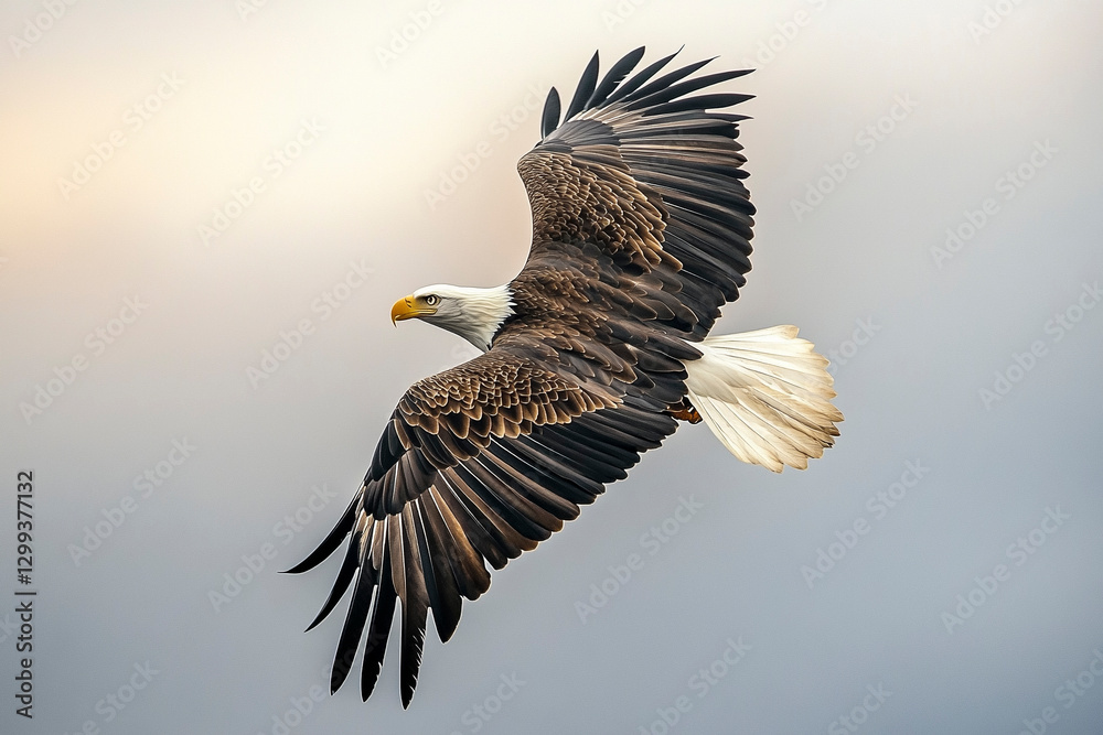 Fototapeta premium Bald Eagle Soaring Gracefully Against a Soft Gradient Sky