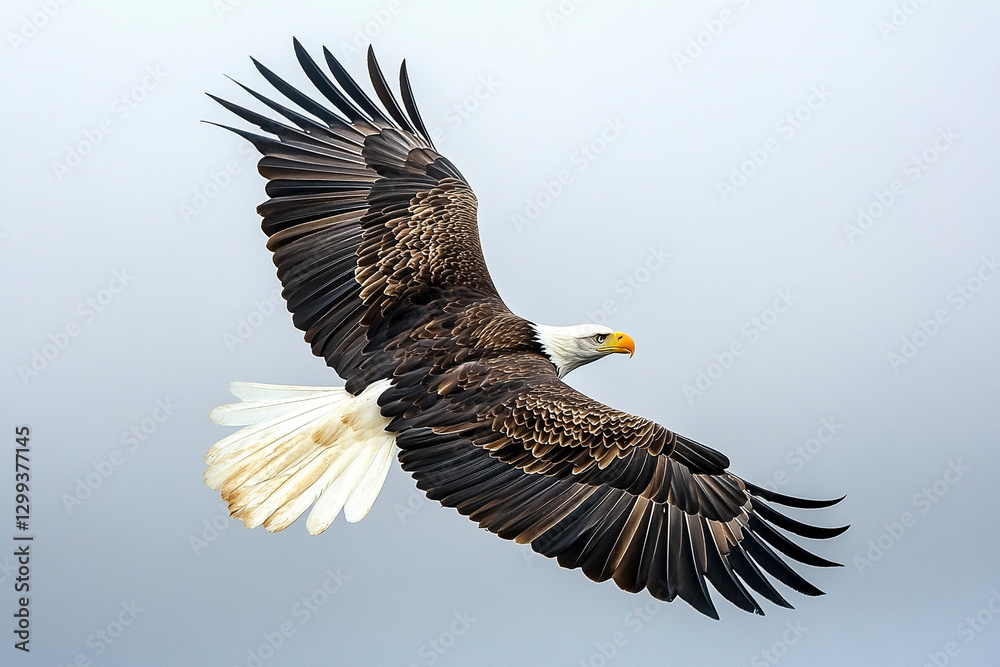 Fototapeta premium Bald Eagle Soaring Gracefully Against a Soft Gradient Sky