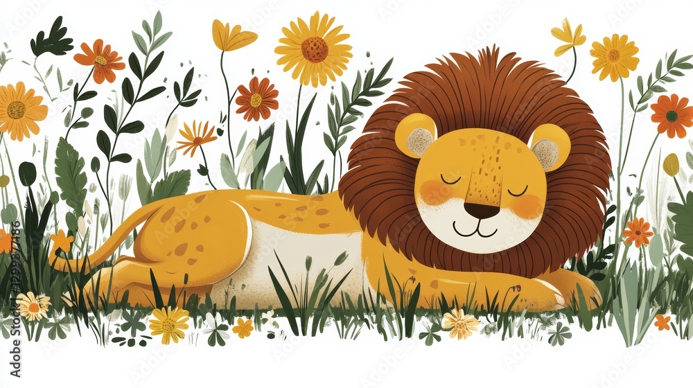 In a gentle illustration, a serene lion with a flowing mane peacefully rests among soft yellow flowers against a neutral background In a gentle illustration, a serene lion with a flowing mane peacefully rests among soft yellow flowers against a neutral background