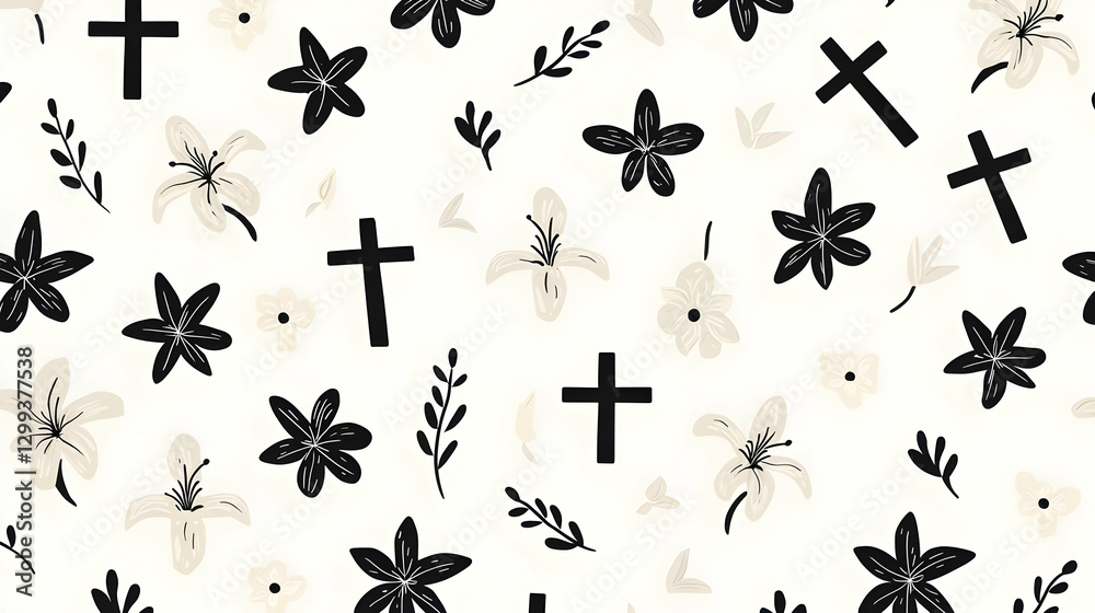 Fototapeta premium Floral Pattern with Crosses in Black and White for Religious Themes