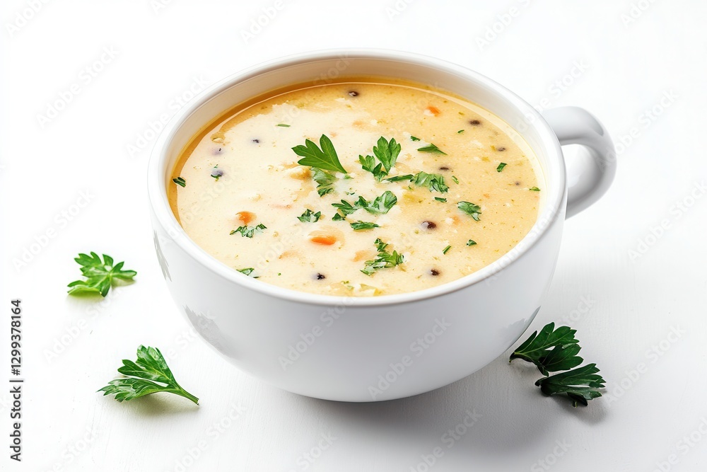 Vibrant yellow Canadian pea soup garnished with fresh parsley in a white ceramic bowl on a clean surface Vibrant yellow Canadian pea soup garnished with fresh parsley in a white ceramic bowl on a clean surface