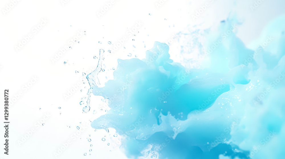 Obraz premium Mesmerizing wave of light blue water captured in motion with floating droplets and silky transparency. Crisp lighting and ultra-realistic liquid physics on a white backdrop.