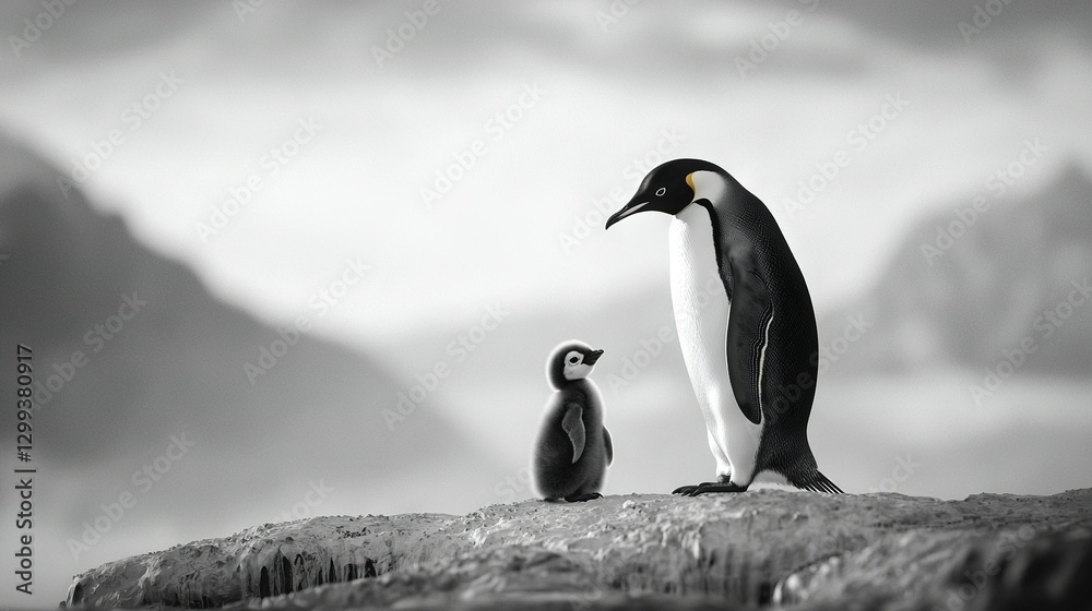 Fototapeta premium Two Penguins perched atop a Rocky Cliff with Mountains in the Distance